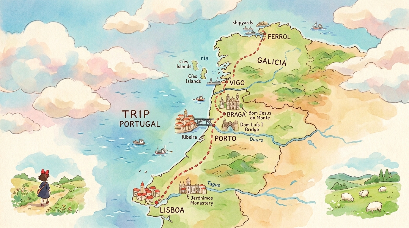 Rota completa: Lisboa → Porto → Braga → Vigo → Ferrol